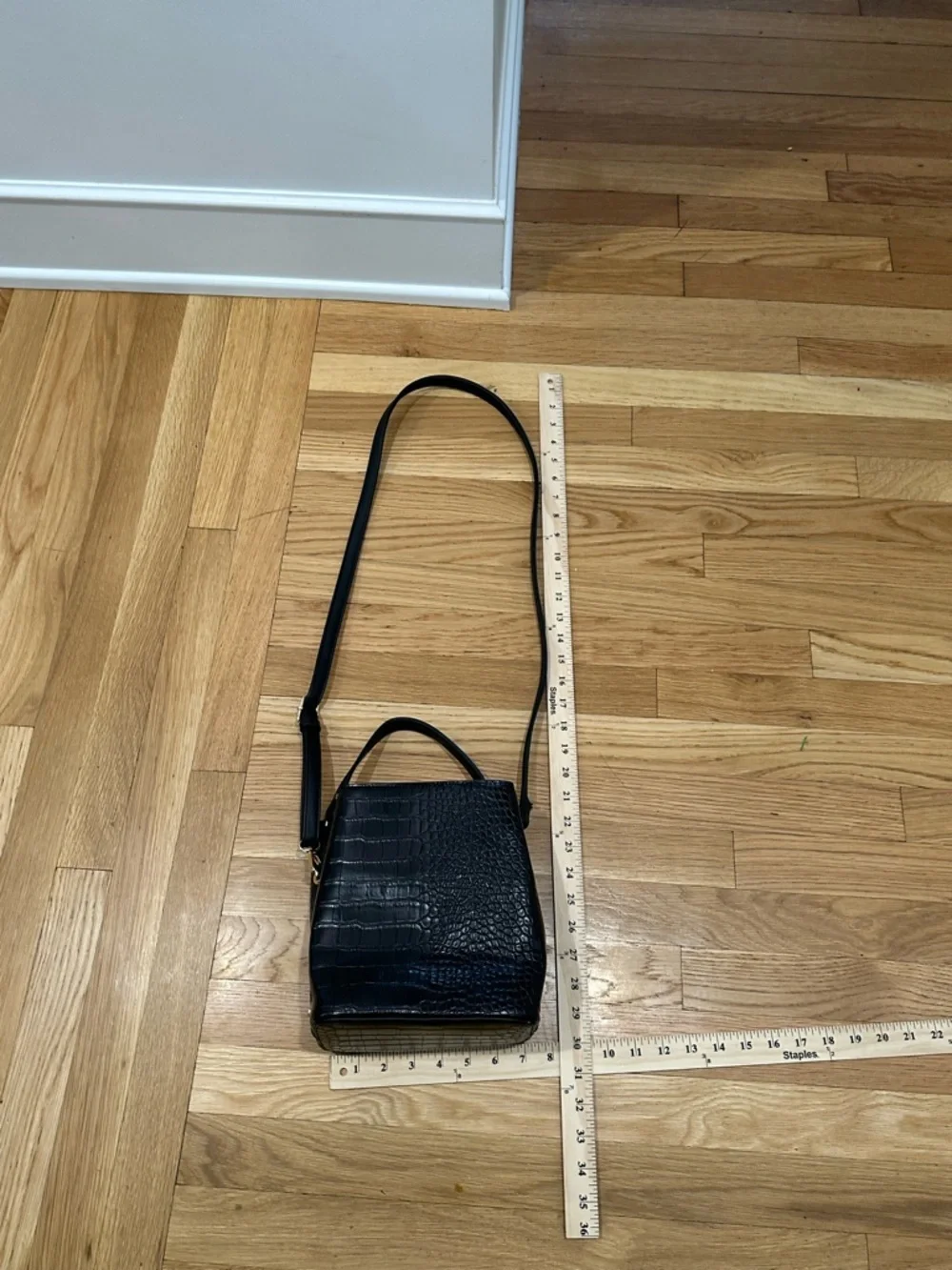 Vegan Croc-Embossed Black Top-Handle Aota Elena Bucket Bag Crossbody